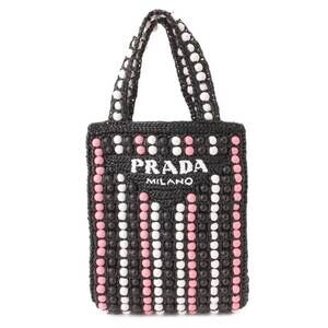 Prada Raffia Wood Bead Tote Bag Handbag Black